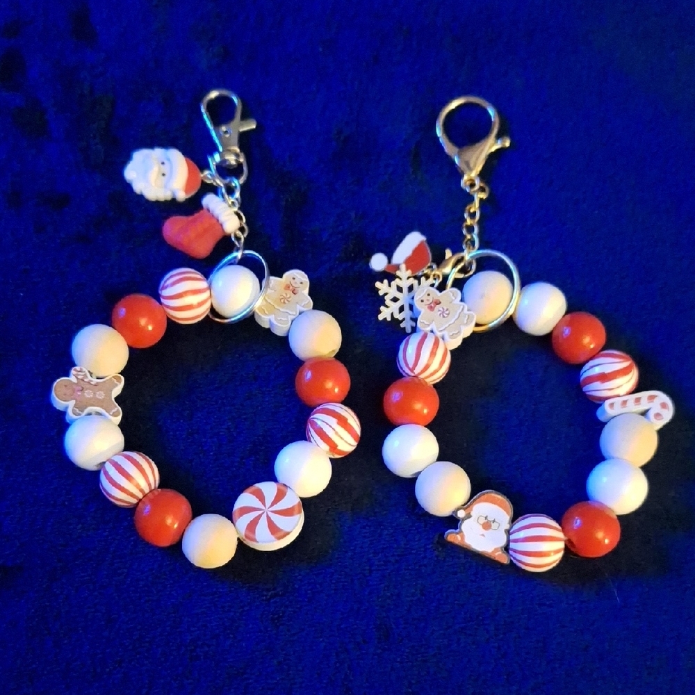 Festive Holiday Red and White Beaded Keychains Bracelets